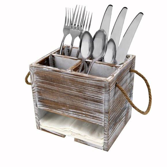 Farm house rustic look Silverware Caddy With Handle Wooden Utensil Napkin Holder - Picture 1 of 4